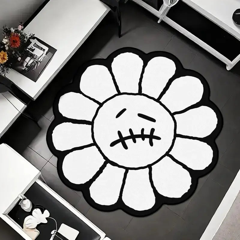 Charming Round Floral Smiling Face Rug - Gothic Decorative Velvet Mat for Living Room, Bedroom & More - Perfect Christmas Gift!