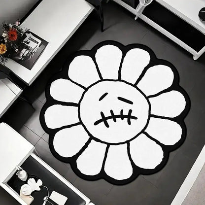 Charming Round Floral Smiling Face Rug - Gothic Decorative Velvet Mat for Living Room, Bedroom & More - Perfect Christmas Gift!