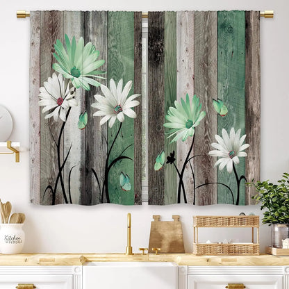 Teal Farmhouse Daisy Kitchen Curtains - Rustic Floral Butterfly Short Cafe Drapes for Country Homes (2 Panels, 27.5x39 Inch)