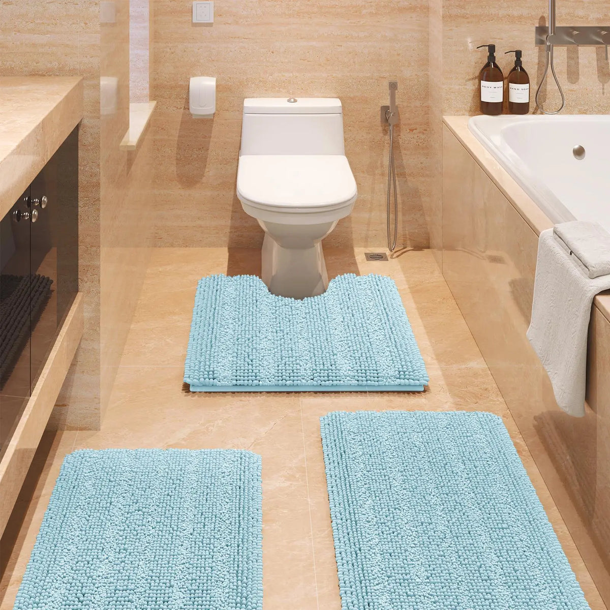 Transform Your Bathroom with the ACCUMTEK Luxurious Soft Striped Chenille Bath Rug Set - 3 Plush, Non-Slip Mats for Ultimate Comfort and Style