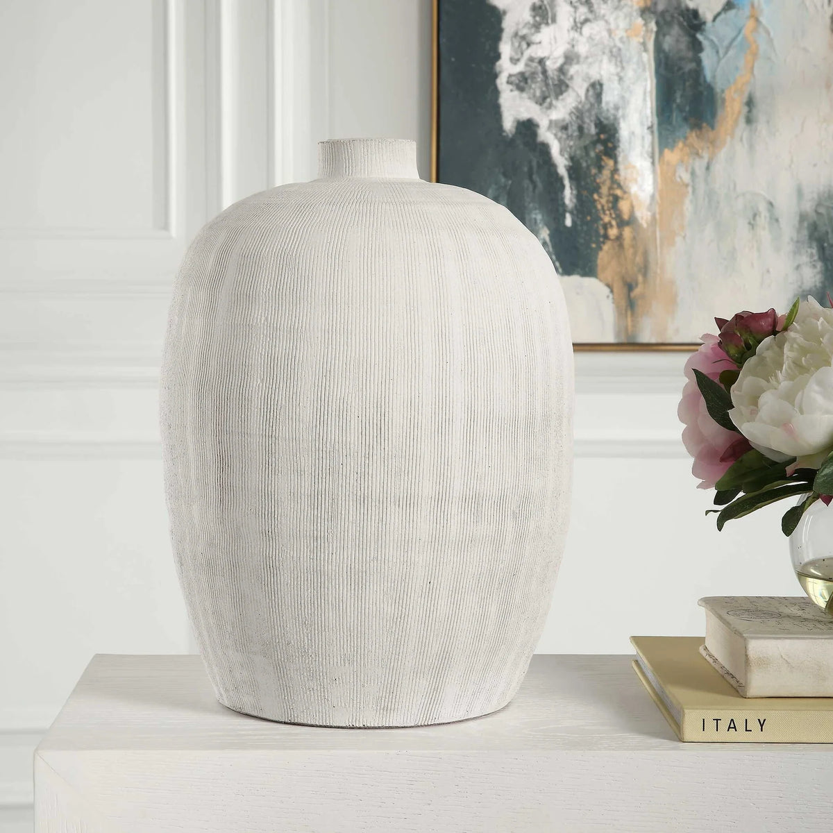 Etched White Ceramic Vase