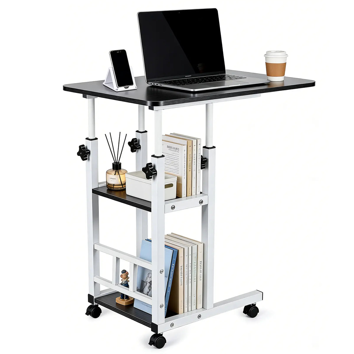 Functional Black C Shaped End Table with Adjustable Height and Wheels