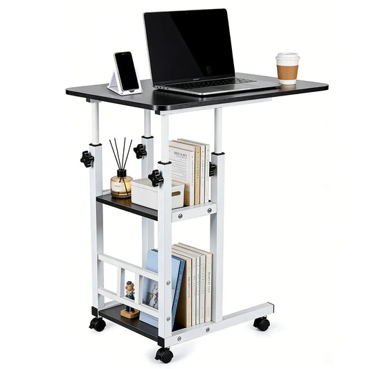 Functional Black C Shaped End Table with Adjustable Height and Wheels