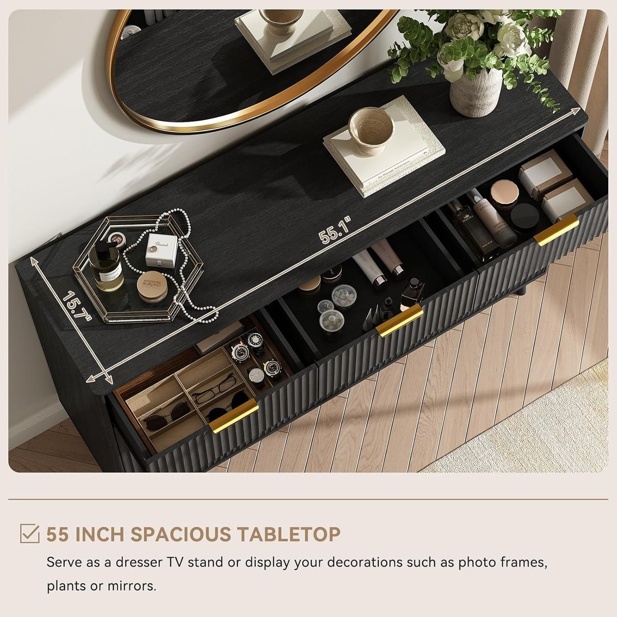 Black Fluted 9 Drawer Dresser