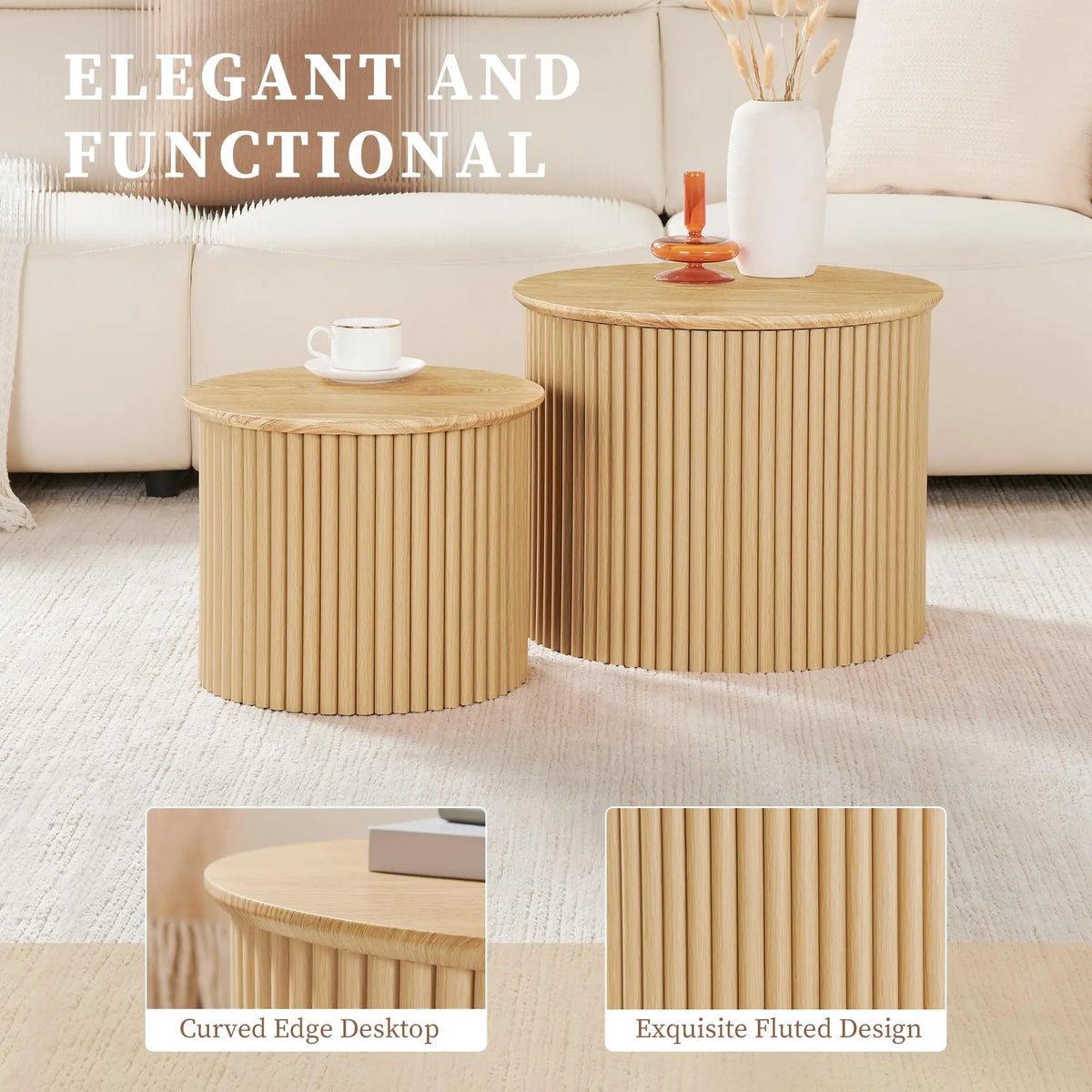 Giratree Small Fluted Round Nesting Coffee Table Set of 2