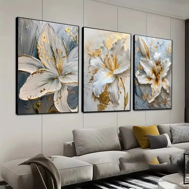 3-Piece Frameless Gold and White Flower Canvas Art Set – Modern Floral 3D Lily Prints for Bedroom and Living Room Decor