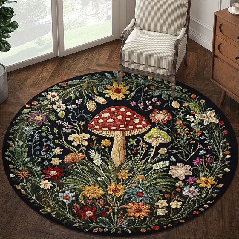 Mushroom Boho Floral Felt Rug - Fluffy, Non-Slip, and Machine Washable for Effortless Elegance