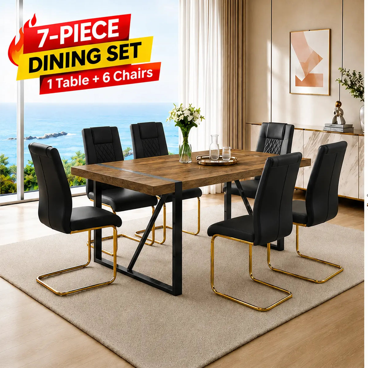 Stylish 7-Piece Dining Table Set with White Rectangular MDF Table and 6 Leather Chairs - Perfect for Modern Homes!