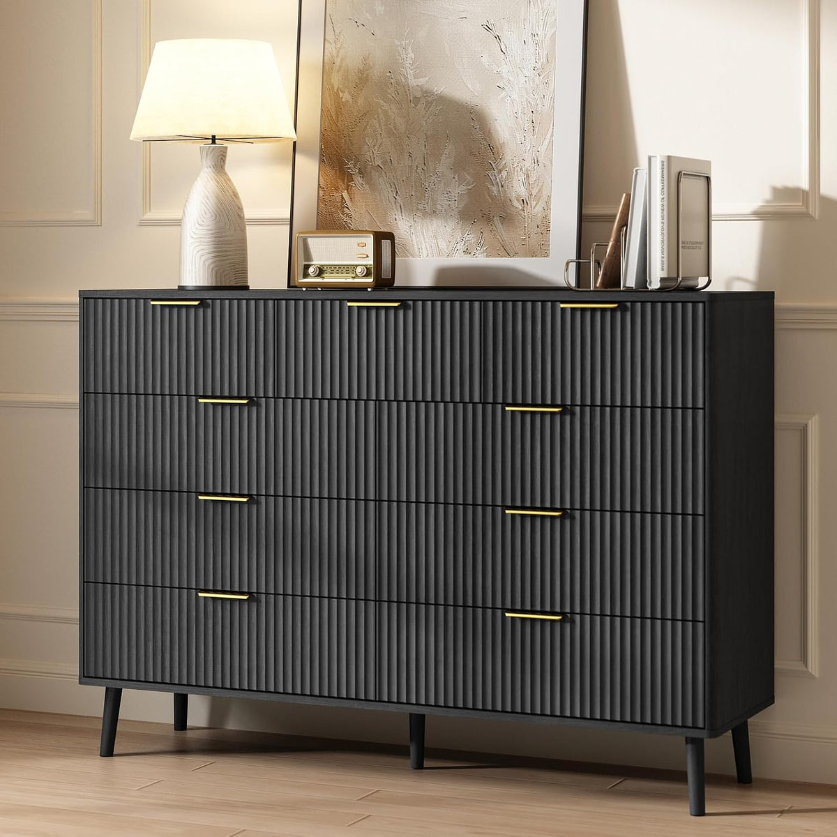 Black Fluted 9 Drawer Dresser