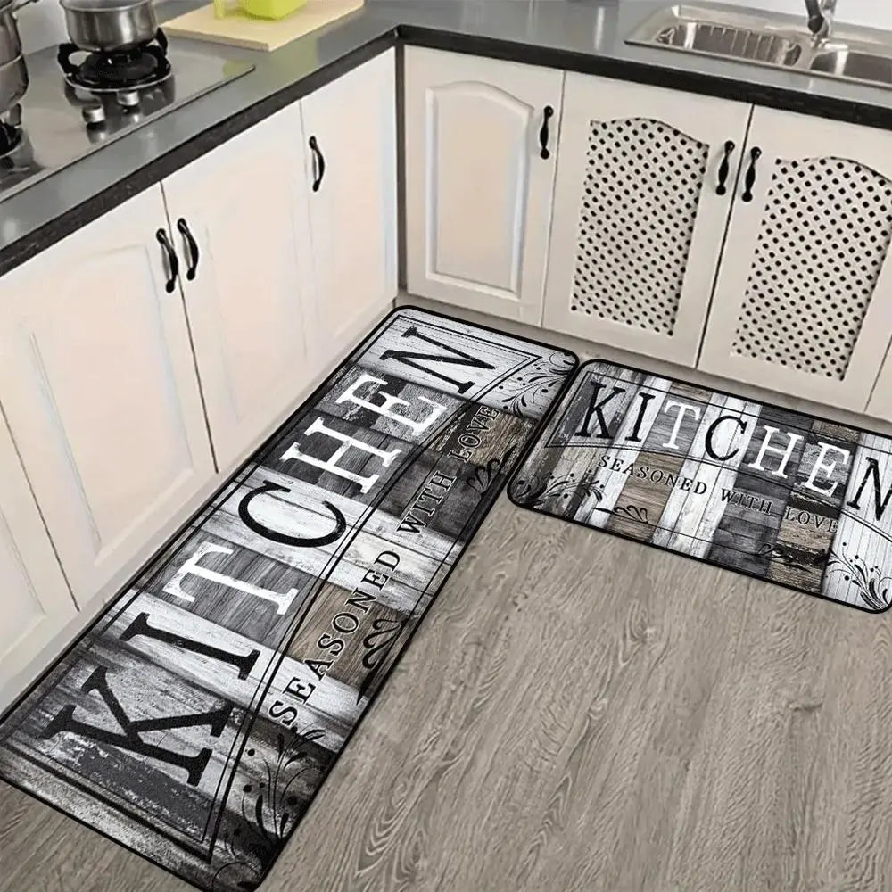 Vintage Wooden Floor Pattern Non-Slip Kitchen Mat Set - 2-Piece Decorative Rug Collection