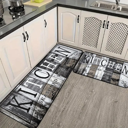 Vintage Wooden Floor Pattern Non-Slip Kitchen Mat Set - 2-Piece Decorative Rug Collection