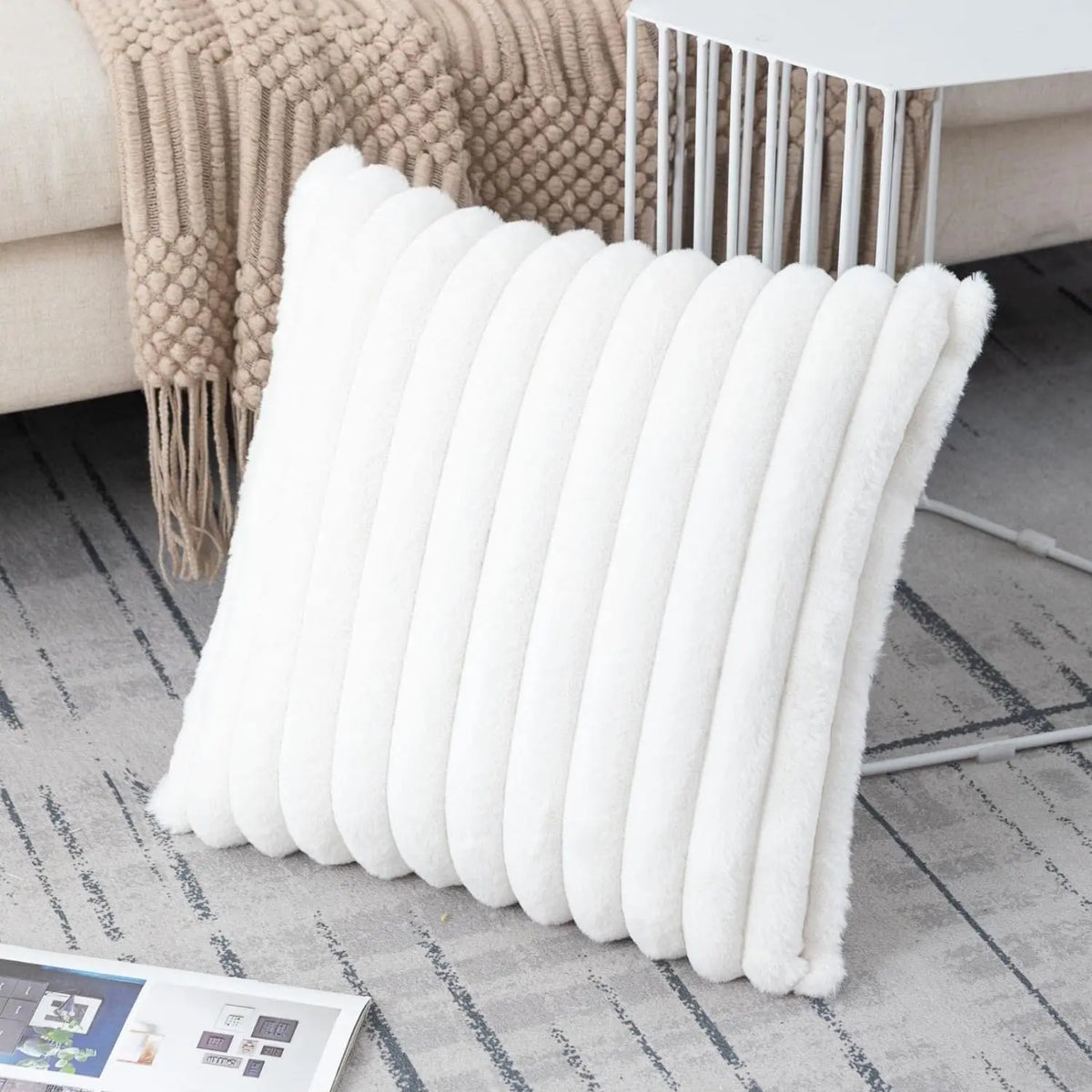 Set of 2 Faux Fur Cream White Throw Pillow Covers – Fluffy Striped Design, Perfect for Sofa, Couch or Bedroom Decor (18x18 Inch)