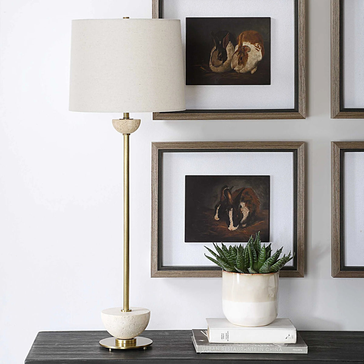 Brass Travertine Buffet Lamp