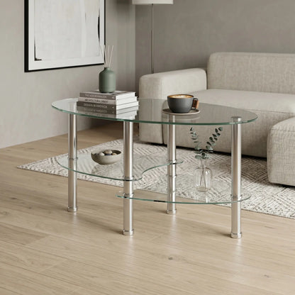 Transparent Oval Glass Coffee Table - Modern Tempered Glass Design with Stainless Steel Legs and 3-Layer Storage for Your Living Room