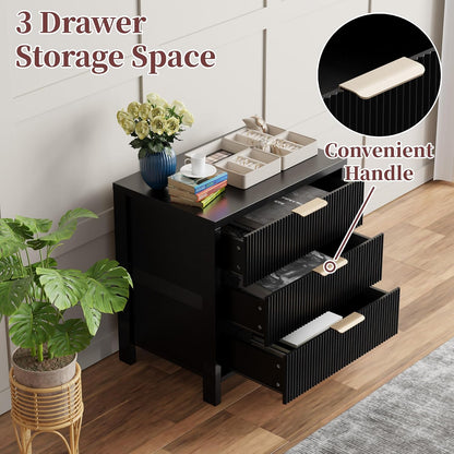 Mid-Century Fluted Nightstand with 3 Spacious Drawers - Black Wooden Bedside Table for Your Bedroom