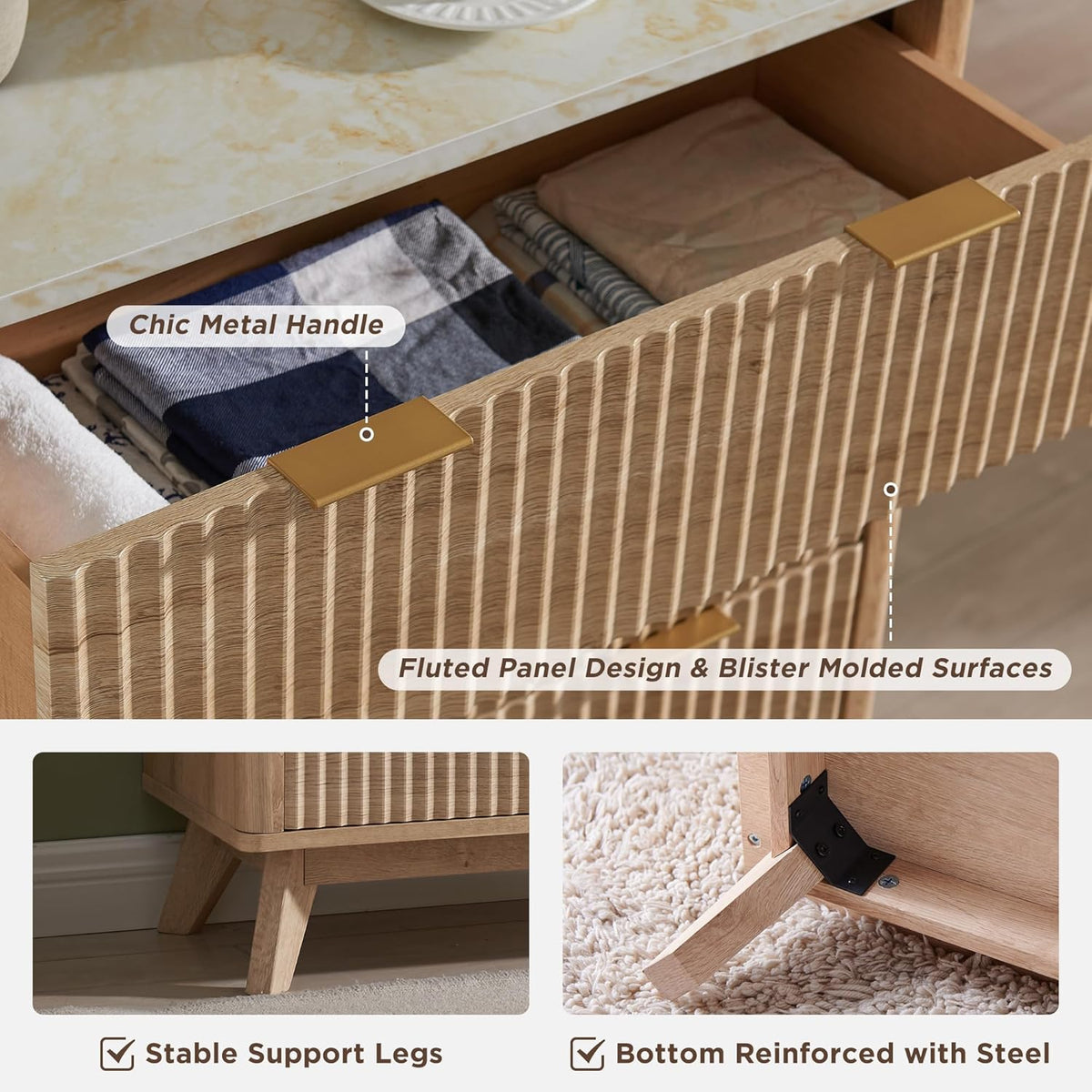 54" Fluted 6-Drawer Dresser in Natural Oak with Faux Marble Top