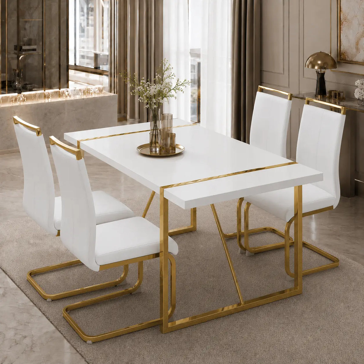 Elegant 5-Piece Dining Table Set for 6 - Modern White Rectangular MDF Table with Comfortable Leather Chairs