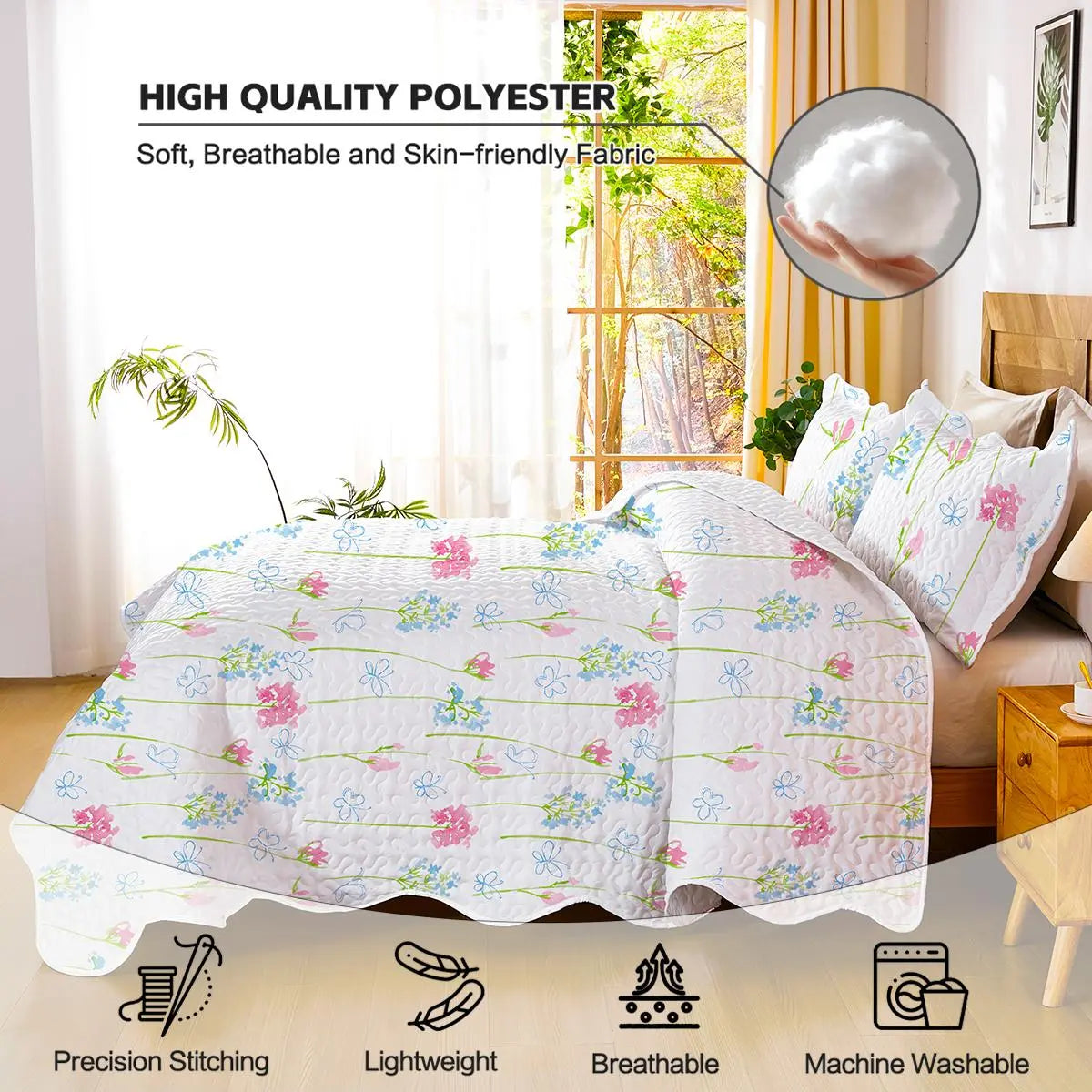 3-Piece Floral Bedding Set - Breathable Quilted Bedspread, Ultra-Thin Garden Floral Design, 3-Side Scalloped Edge