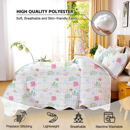 3-Piece Floral Bedding Set - Breathable Quilted Bedspread, Ultra-Thin Garden Floral Design, 3-Side Scalloped Edge