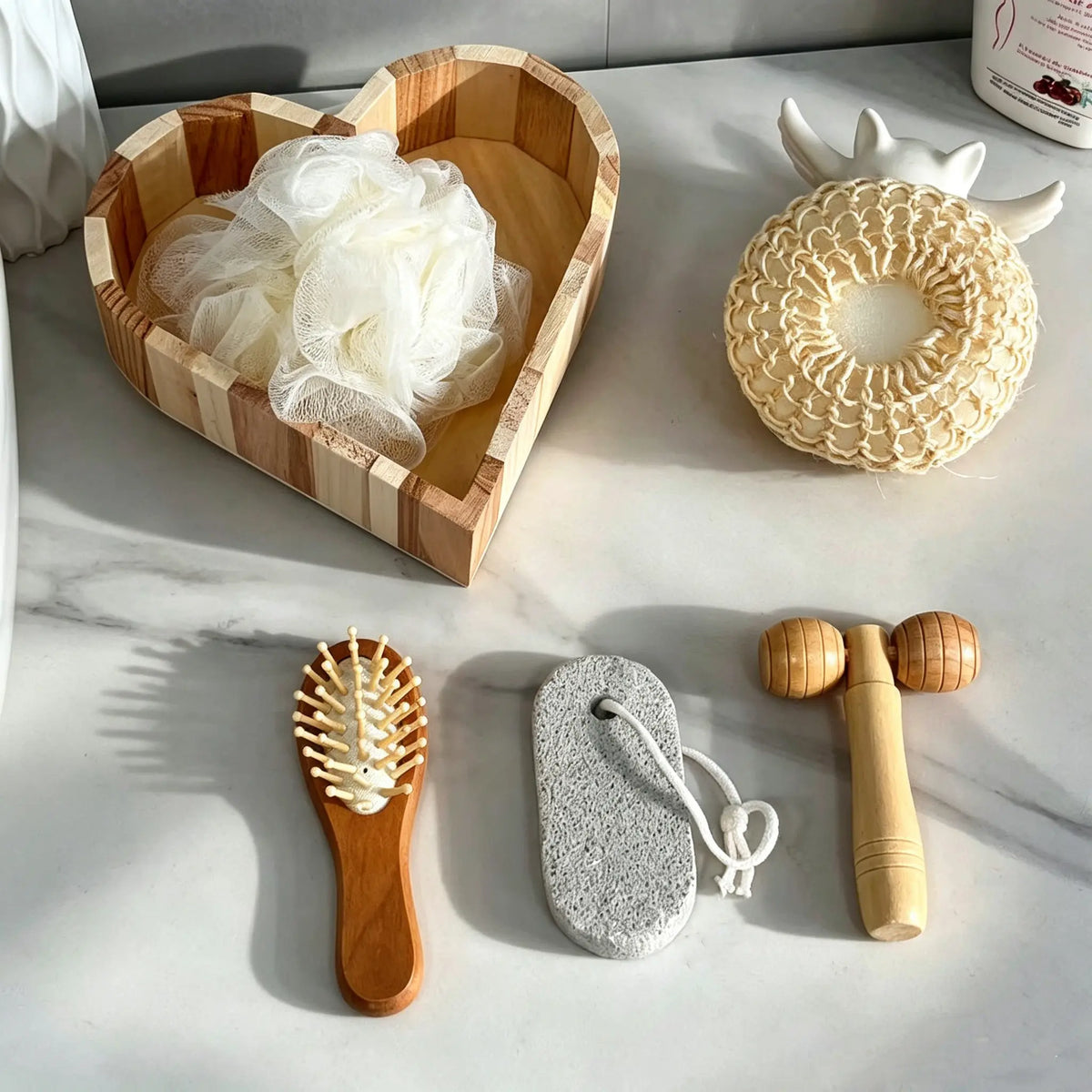 Heart-Shaped 5-Piece Bath Gift Set - Complete Travel Kit with Loofah, Face Brush, Foot Grinder, and Facial Massager