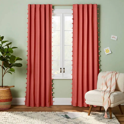 Pillowfort 95" Blackout Tassel Curtain Panel - UV Protection and Noise Reduction for Peaceful Sleep