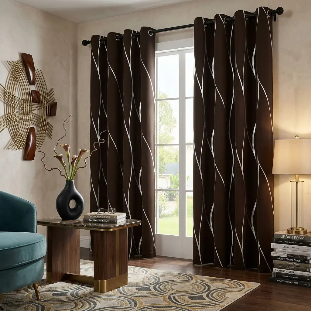100% Blackout Curtains 52X84, Gold Silver Foil Wave Blackout Curtains for Living Room Bedroom, High Precision Polyester Thermal Insulated Grommet Drapes, Room Darkening Wavy Line Window Curtains, Beige Ivory Black, Set of 2 Panels