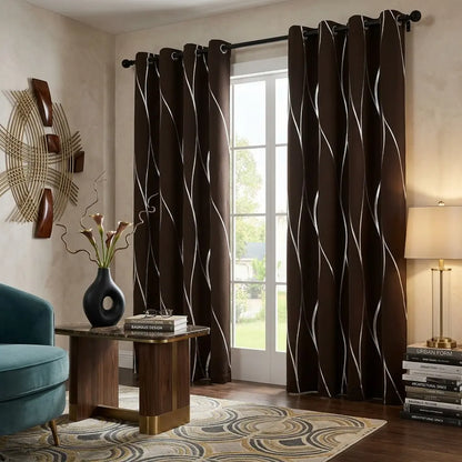 100% Blackout Curtains 52X84, Gold Silver Foil Wave Blackout Curtains for Living Room Bedroom, High Precision Polyester Thermal Insulated Grommet Drapes, Room Darkening Wavy Line Window Curtains, Beige Ivory Black, Set of 2 Panels