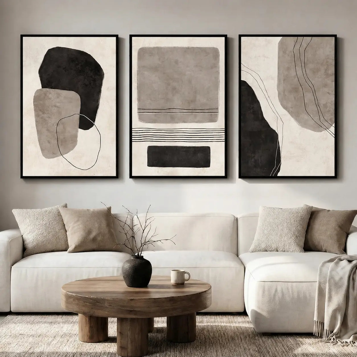 Elevate Your Space with a Set of 3 Framed Neutral Abstract Canvas Prints - Modern Minimalist Artwork for Any Room