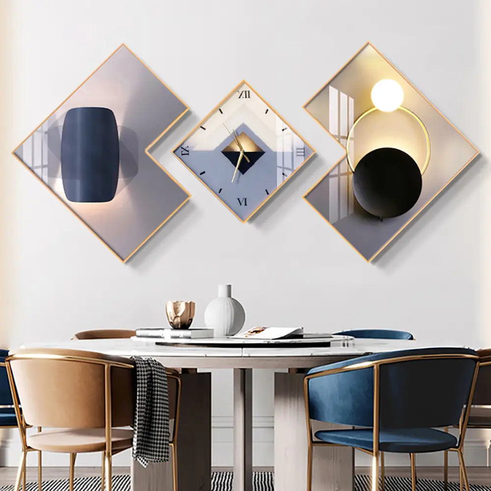 Homary 3-Pc Geometric Square Modern Abstract Silent Movement Wall Clock Set - Gold-Frame Canvas Artwork for Contemporary Living Room Decor