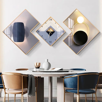 Homary 3-Pc Geometric Square Modern Abstract Silent Movement Wall Clock Set - Gold-Frame Canvas Artwork for Contemporary Living Room Decor