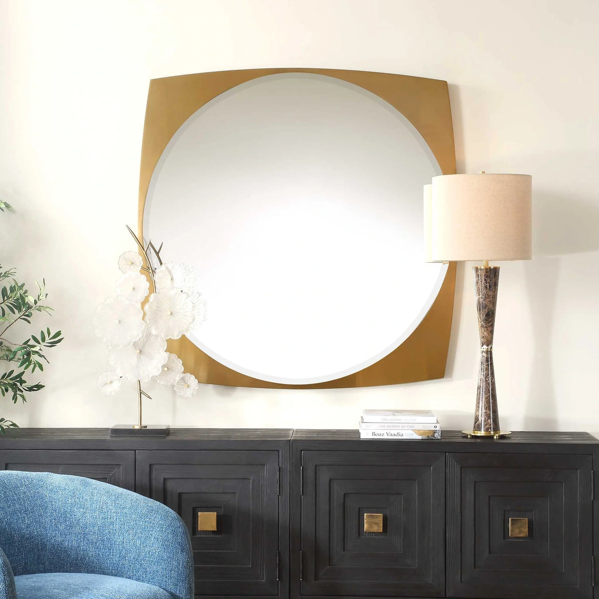 Square Frame Round Brass Mirror
