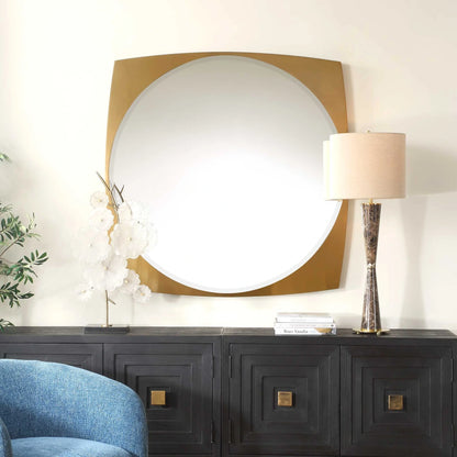 Square Frame Round Brass Mirror