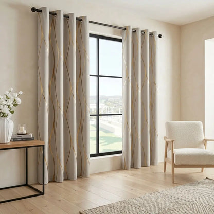 Metallic Foil Wave Blackout Curtains | Triple-Weave Thermal Grommet Panels, Set of 2 | Six Colours, 63" & 84" Drops