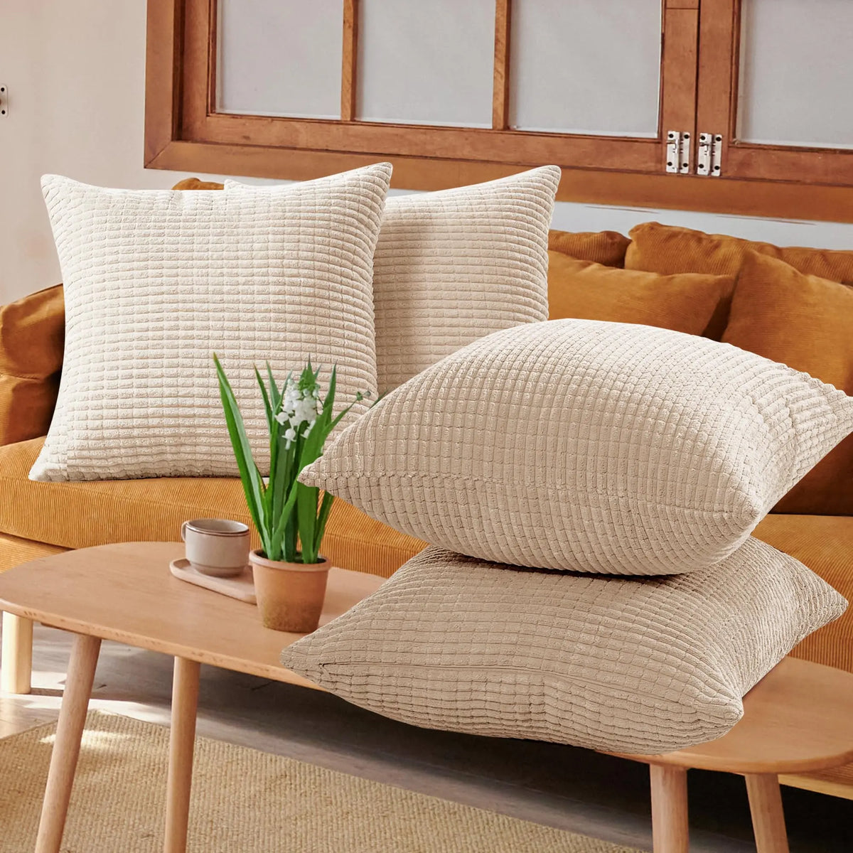Deconovo's Set of 4 Cream Corduroy Striped Throw Pillow Covers