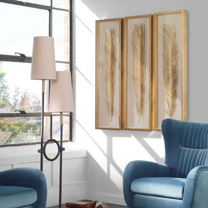 Gold Leaf Palm Shadow Box Art, Set of 3