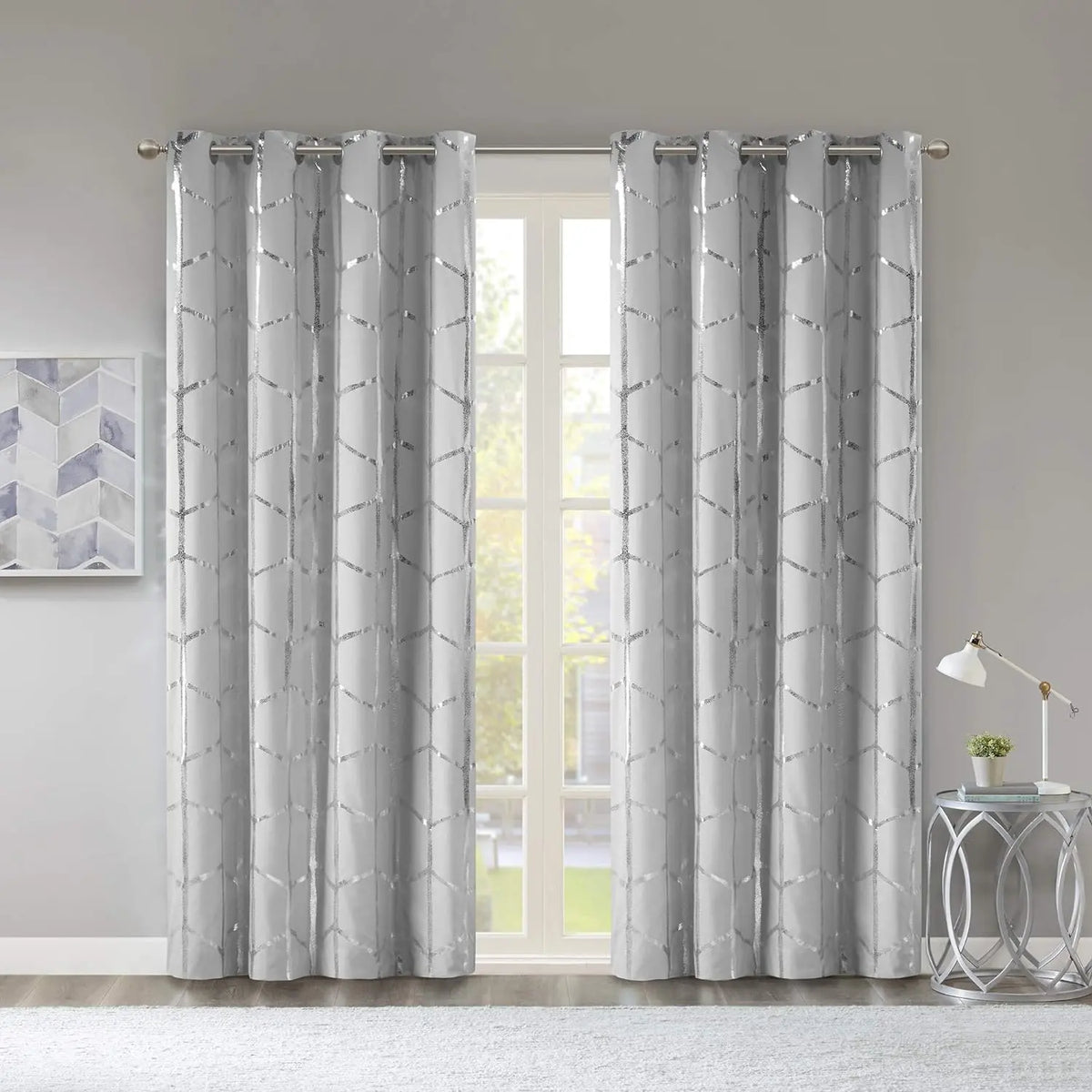Raina Total Blackout Metallic Print Grommet Top Window Curtain Panel Thermal Insulated Light Blocking Drape for Bedroom Living Room and Dorm 1 Piece