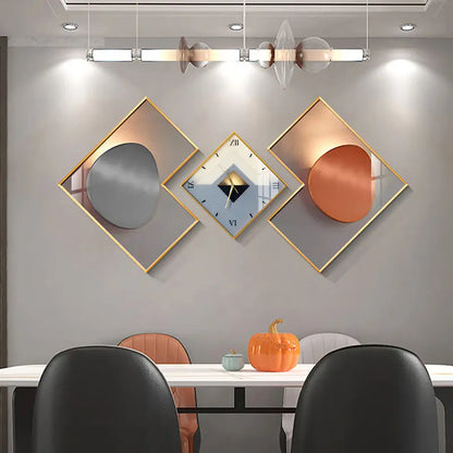 Homary 3-Pc Geometric Square Modern Abstract Silent Movement Wall Clock Set - Gold-Frame Canvas Artwork for Contemporary Living Room Decor