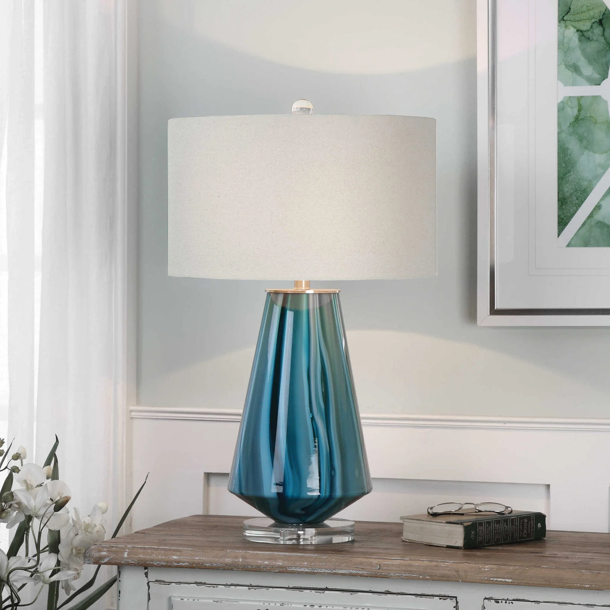 Teal-Gray Glass Table Lamp