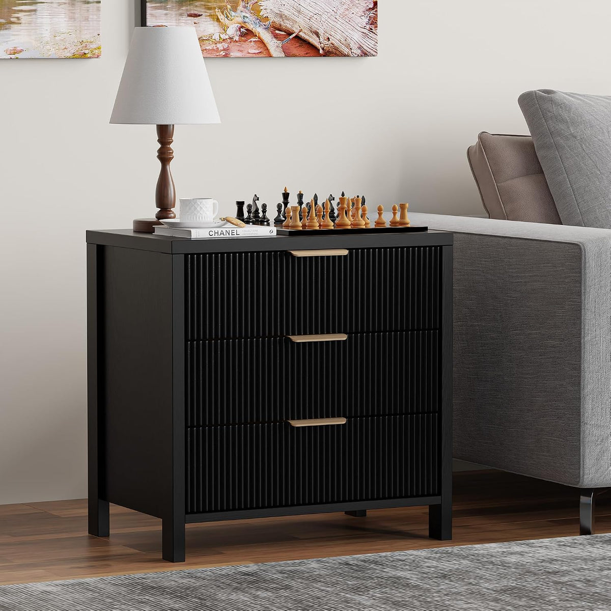 Mid-Century Fluted Nightstand with 3 Spacious Drawers - Black Wooden Bedside Table for Your Bedroom