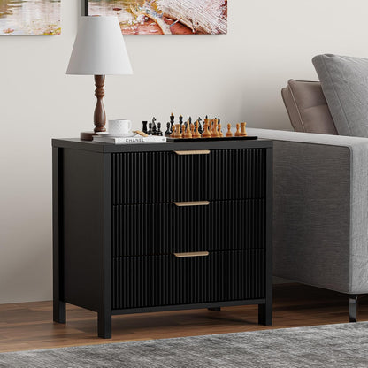 Mid-Century Fluted Nightstand with 3 Spacious Drawers - Black Wooden Bedside Table for Your Bedroom
