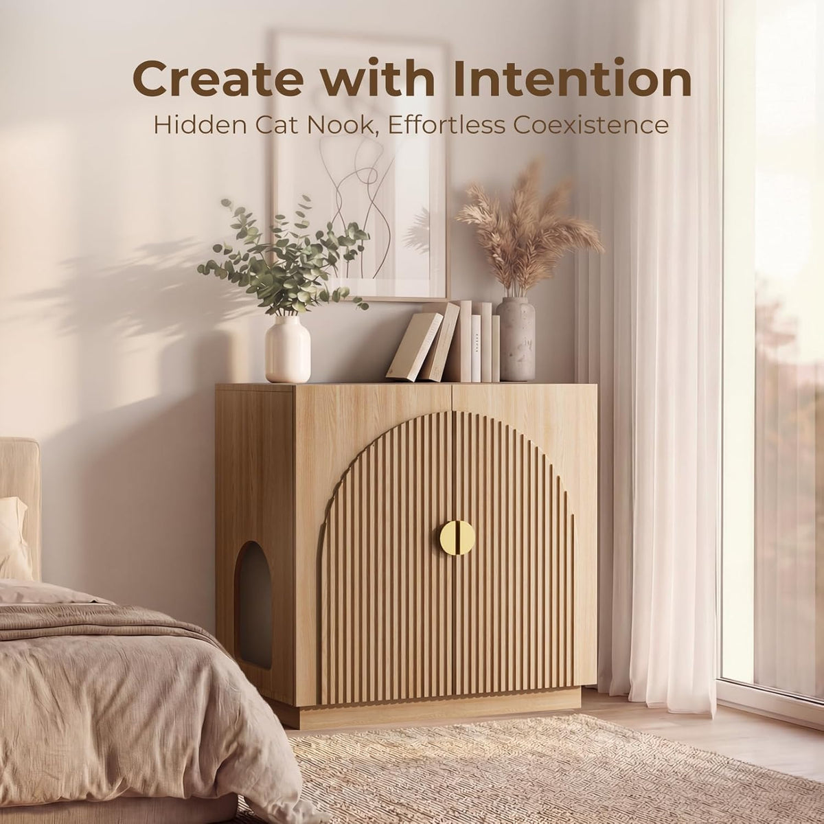 Large Cat Litter Box Enclosure with Storage - Fluted Design and Adjustable Features in Natural Finish