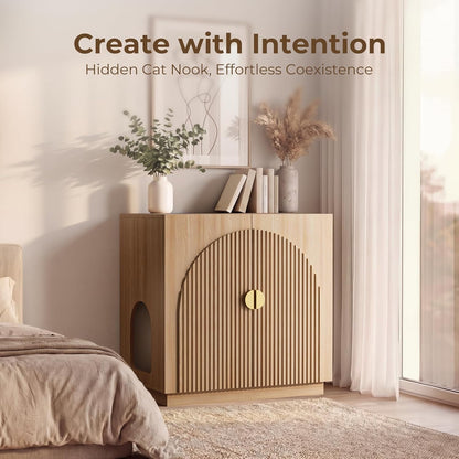 Large Cat Litter Box Enclosure with Storage - Fluted Design and Adjustable Features in Natural Finish
