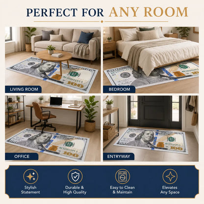 Aisoon 100 Dollar Bill Print Area Rug - Durable, Non-Slip, and Stain-Resistant Indoor Decorative Rug in Two Sizes for Entryways and Bedrooms