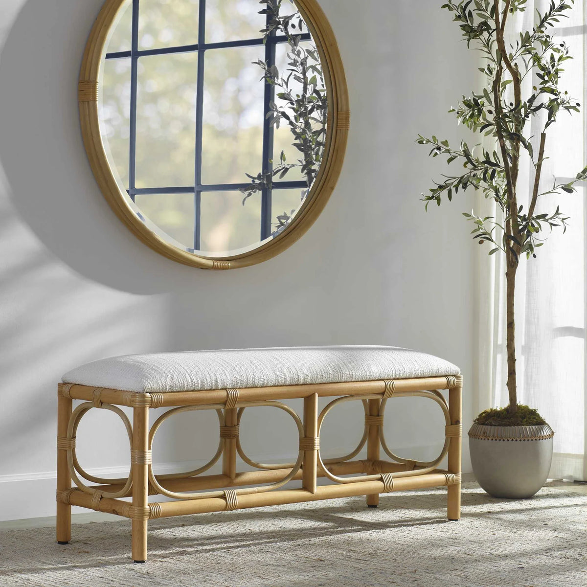 White Fabric Rattan Bench