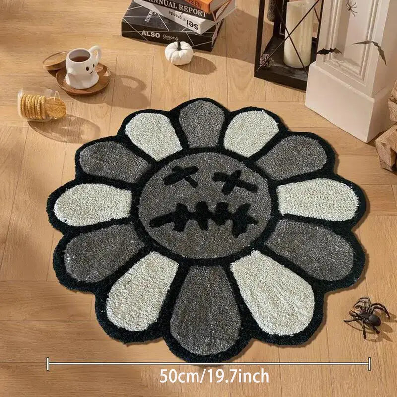 Round Floral Smiling Face Rug - Gothic Decorative Velvet Mat for Living Room, Bedroom & More