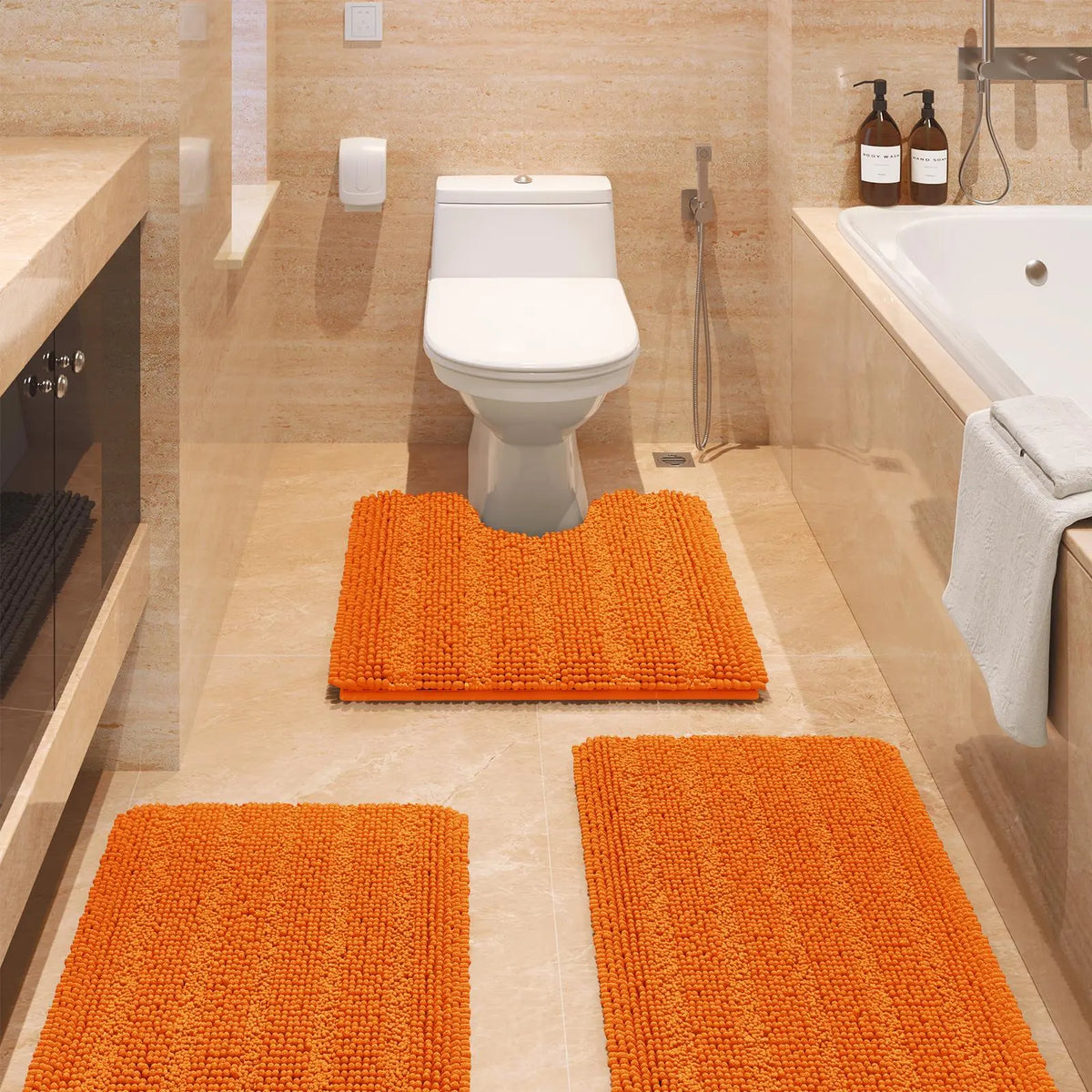 Transform Your Bathroom with the ACCUMTEK Luxurious Soft Striped Chenille Bath Rug Set - 3 Plush, Non-Slip Mats for Ultimate Comfort and Style