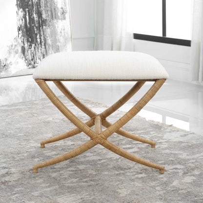 Rattan-Wrapped White Fabric Bench