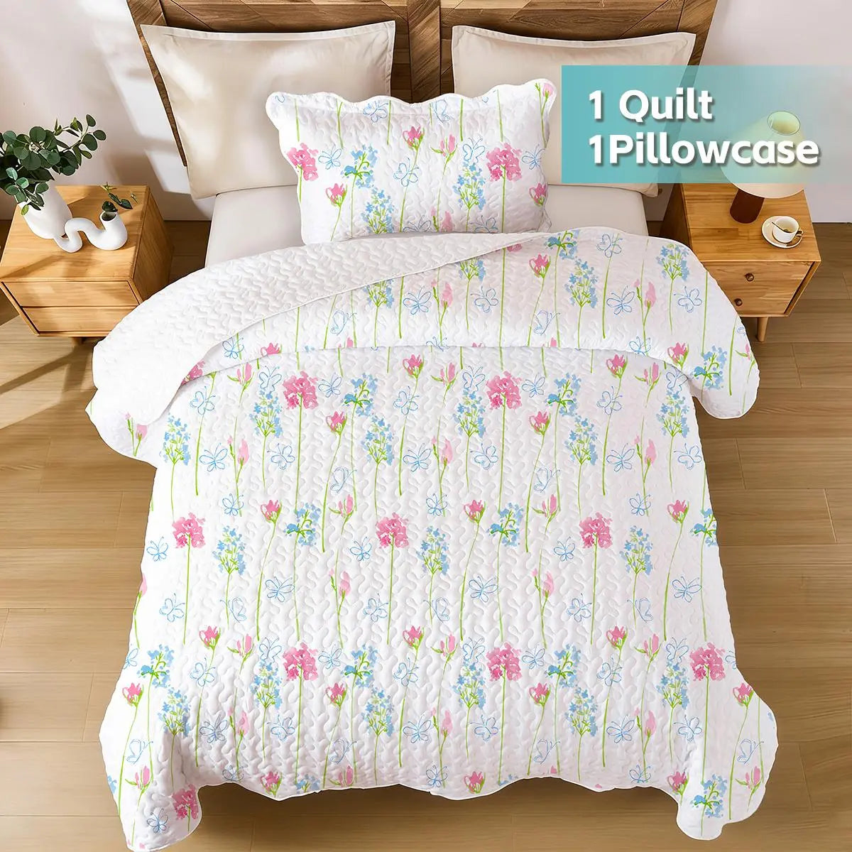 3-Piece Floral Bedding Set - Breathable Quilted Bedspread, Ultra-Thin Garden Floral Design, 3-Side Scalloped Edge