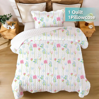 3-Piece Floral Bedding Set - Breathable Quilted Bedspread, Ultra-Thin Garden Floral Design, 3-Side Scalloped Edge
