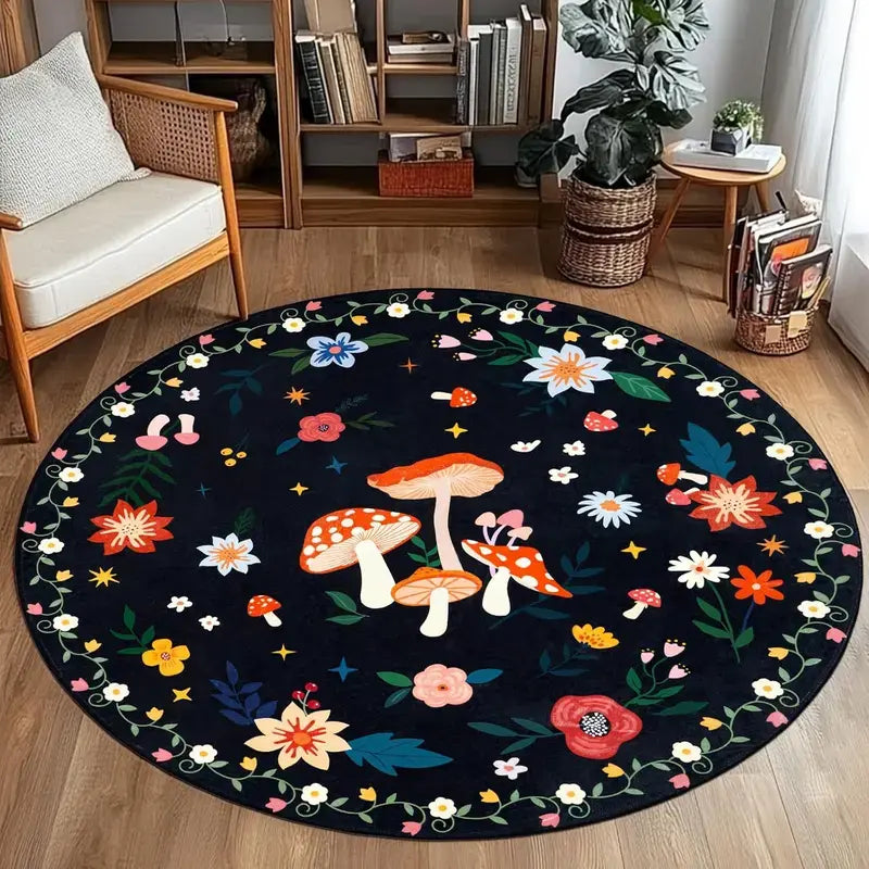 Mushroom Boho Floral Felt Rug - Fluffy, Non-Slip, and Machine Washable for Effortless Elegance